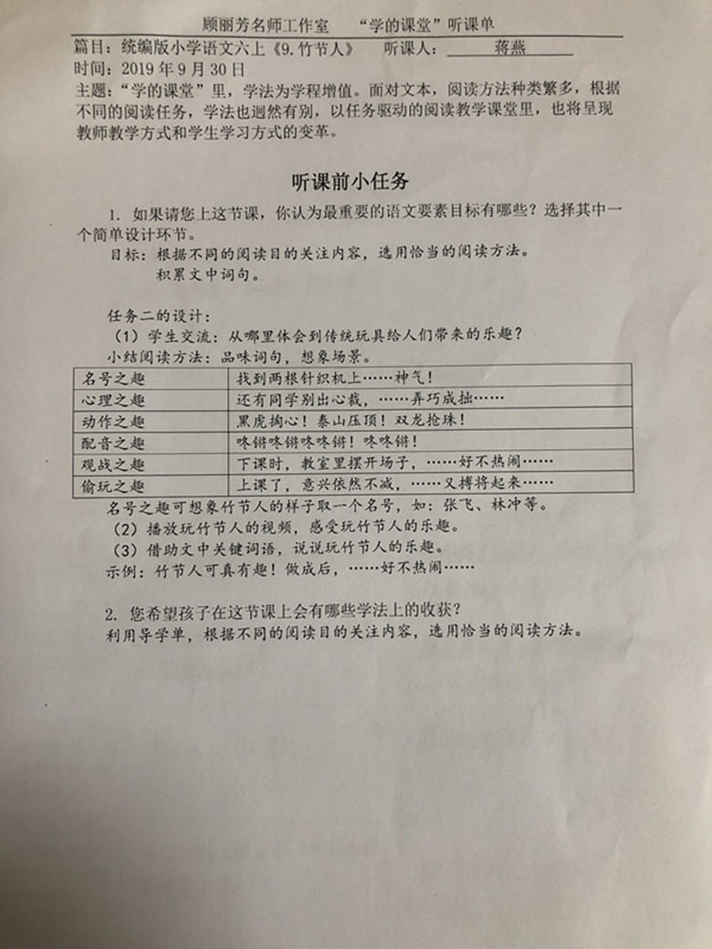 顾丽芳名师工作室听课单分享
